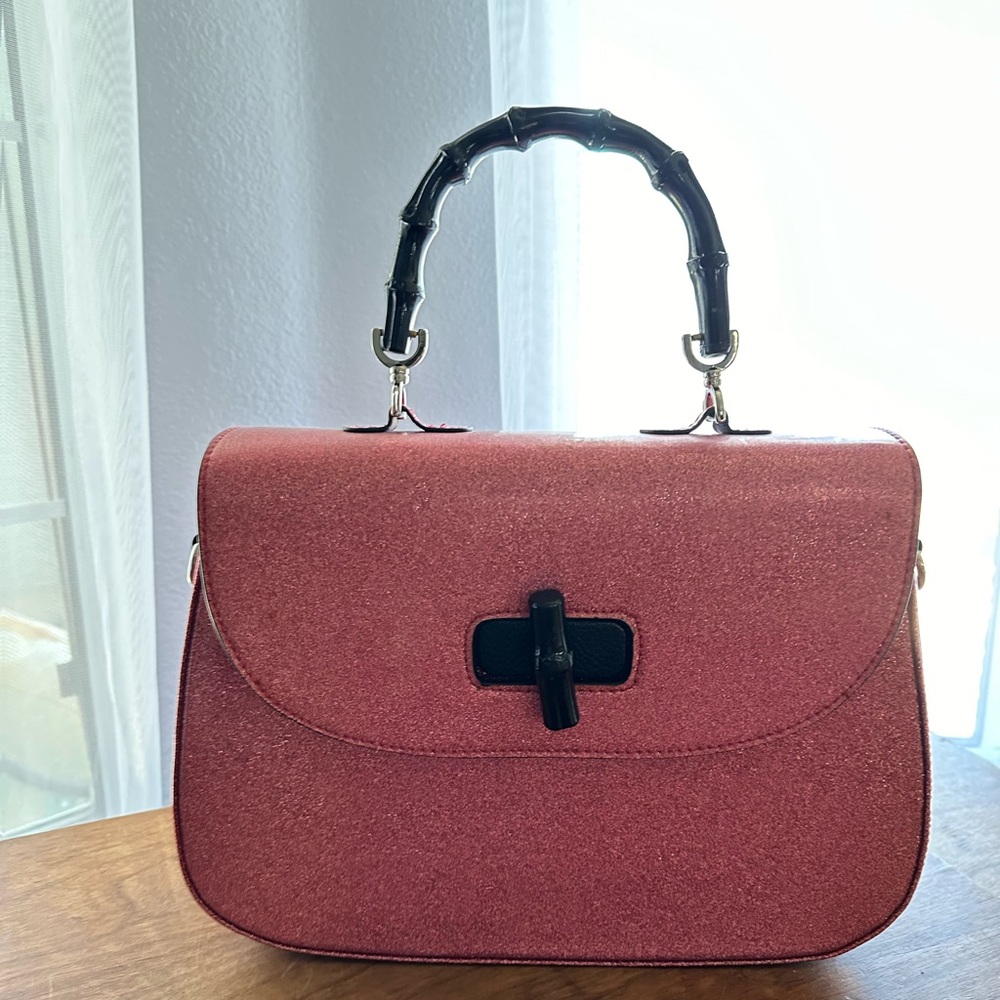 Lux De Ville Pink Glitter Faux Leather with Black Bamboo Handle Crossbody